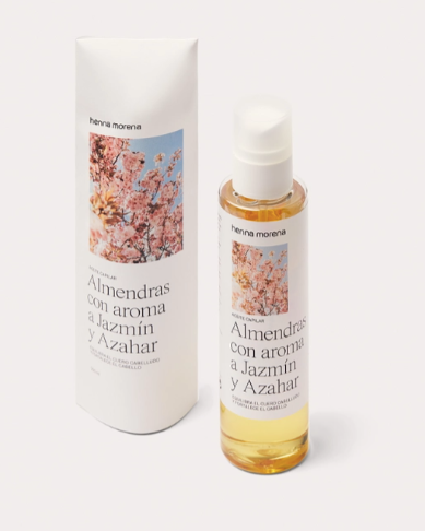 Oli d'ametlles amb aroma de gessamí i flor de tarongina. Hidrata, equilibra i enforteix tot tipus de cabells: gras, normal i sec.