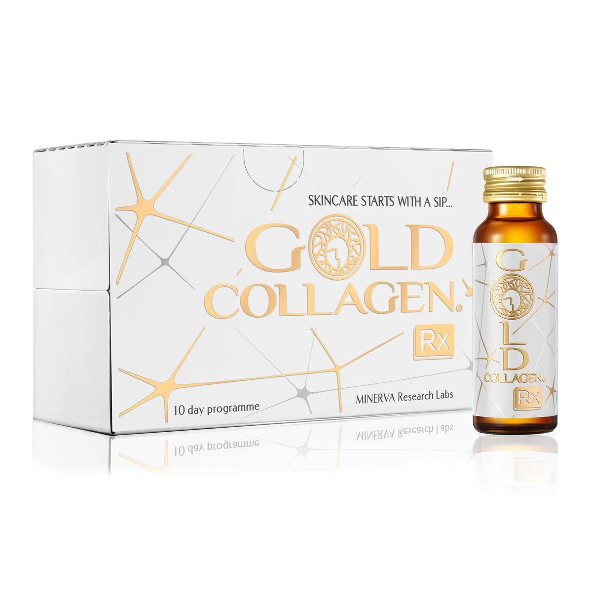 GOLD COLLAGEN RX 12500mg col.lagen, Àcid Hialurònic, Vitamina C, Vitamina E, Elastina.. un super complement per millorar la pell I la flacciditat. Caixa de 10 ampolles