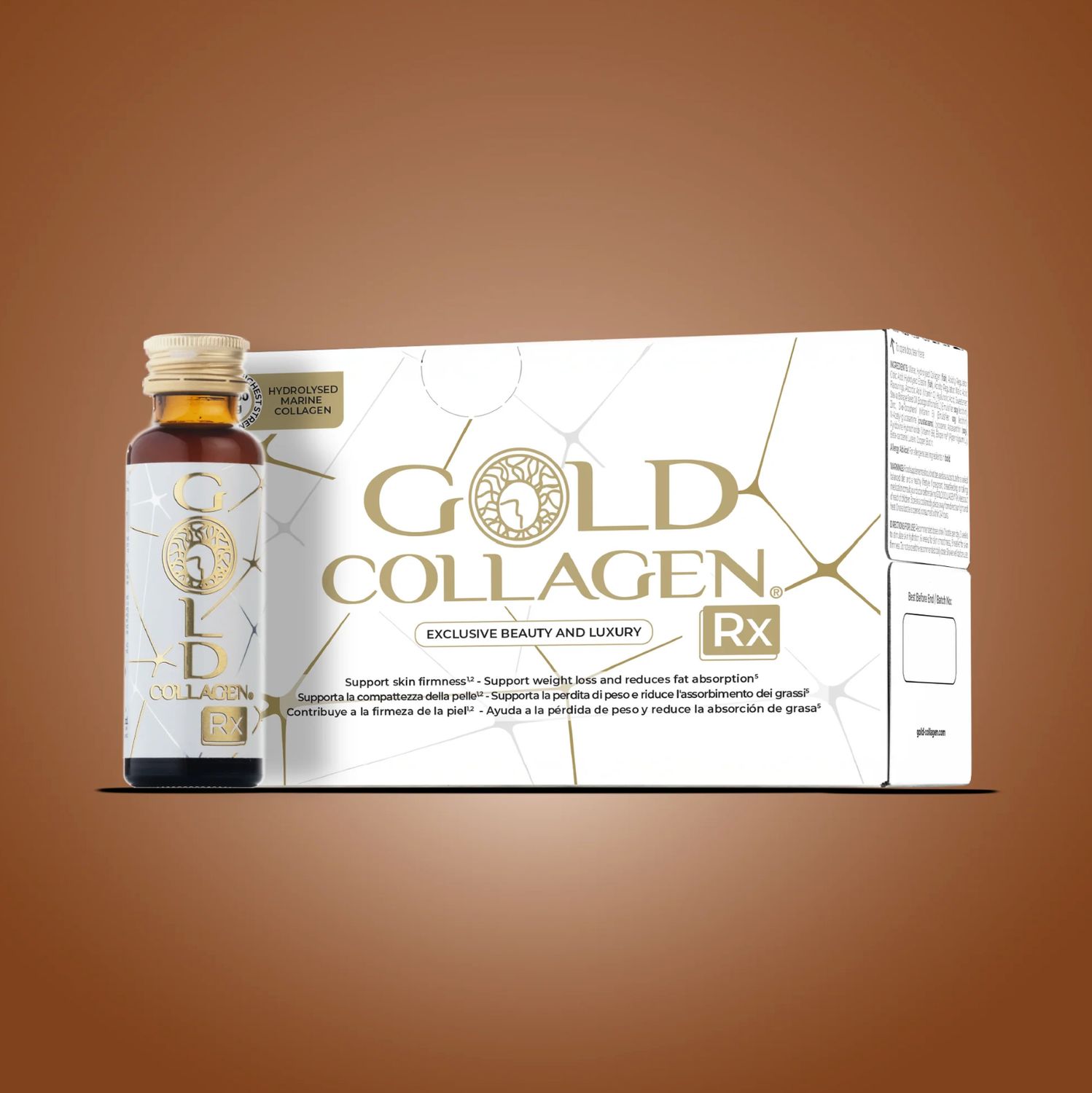 Col.lagen marí 12500mg i control de greix corporal amb GOLD COLLAGEN RX. La fórmula ÒPTIMA i més completa amb vitamines. Caixa de 10 ampolles