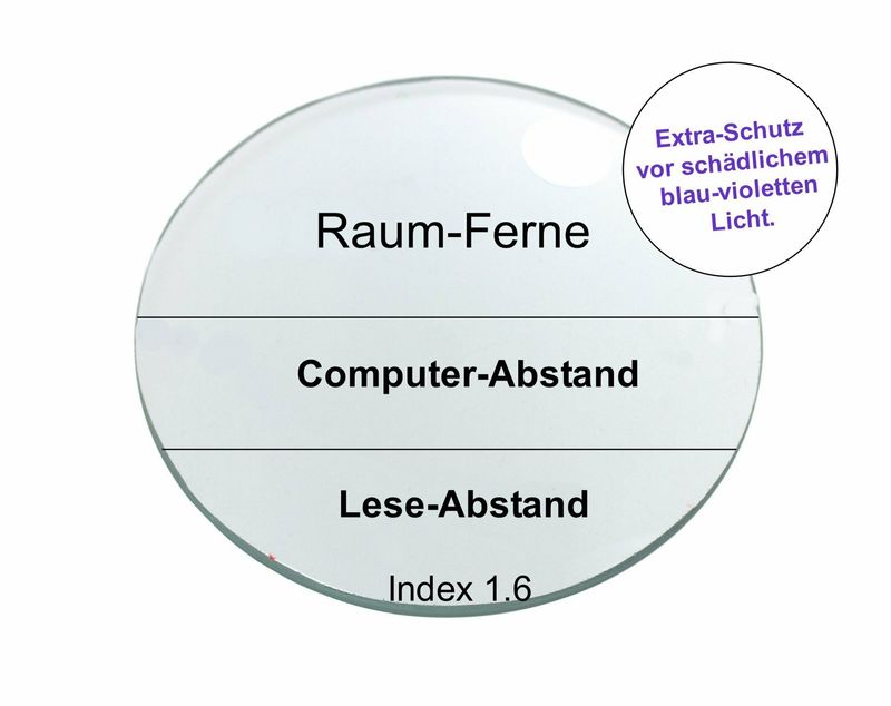 Arbeitsplatz- Kunststoffglaspaar Index 1,6 mit Breitbandentspiegelung, Härtung, Clean Coat, grüner Restreflex. Mit Extra-Schutz vor schädlichem blau-violetten Licht.