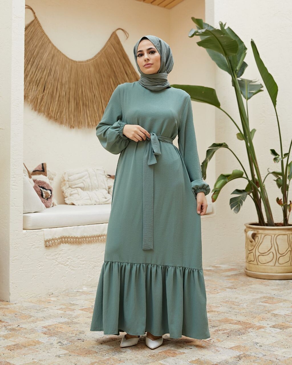 Green Daily Dress Aerobin Frauen Hijab Kleid lang
