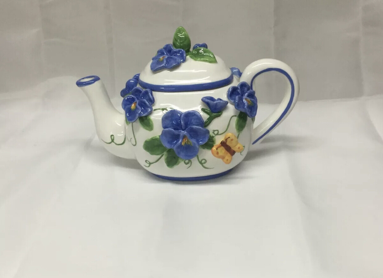 BURTON &amp; Burton PURPLE PANSY TEAPOT Applied 3-D Flowers &amp; Butterflies