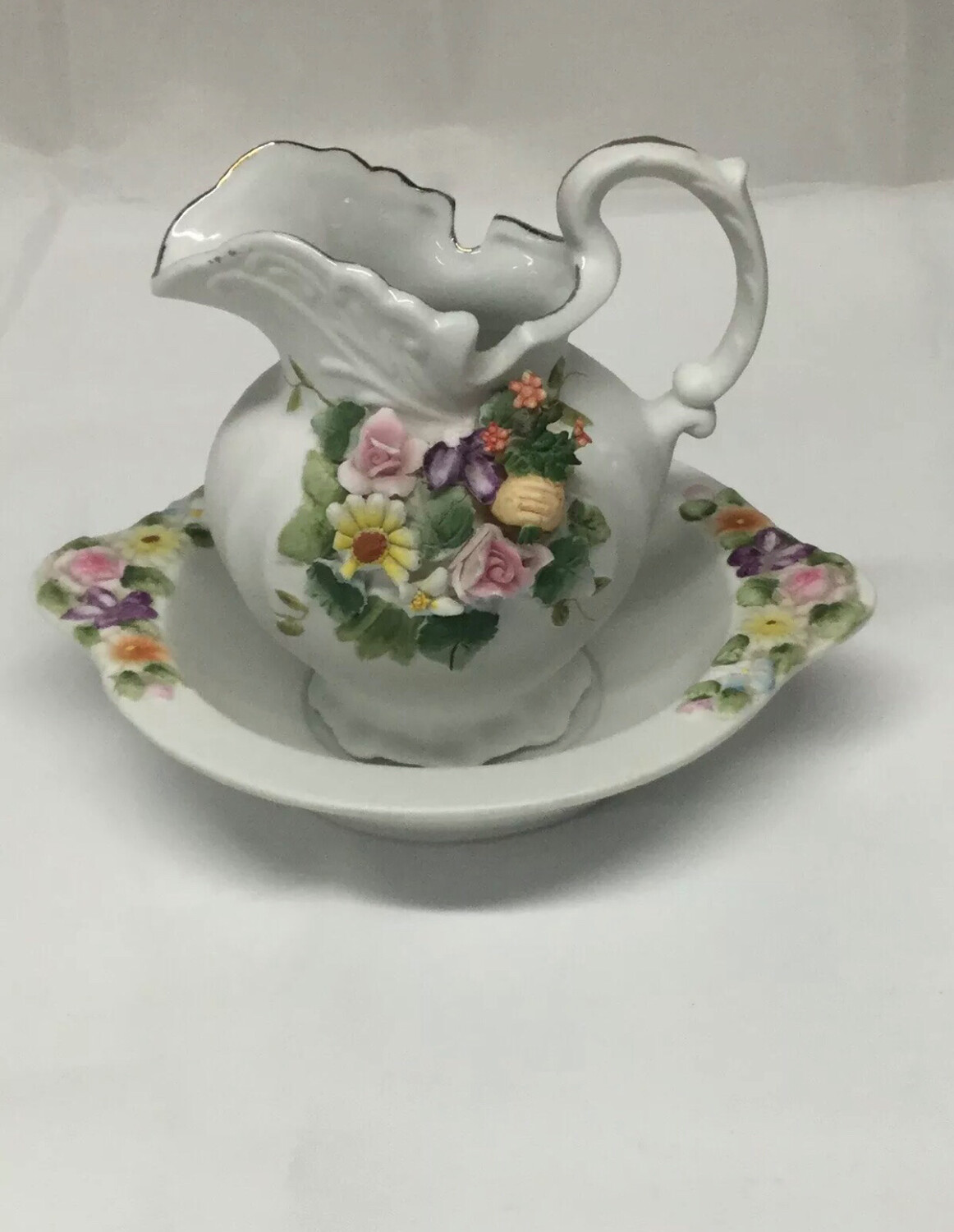 Lefton China Hand Painted Small Pitcher &amp; Bowl Set #KW3221 Pitcher 4 1/2” High