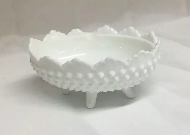 Oval Vintage Fenton Milk Glass Hobnail Footed Candy Soap Flowers MarkCrimped Top