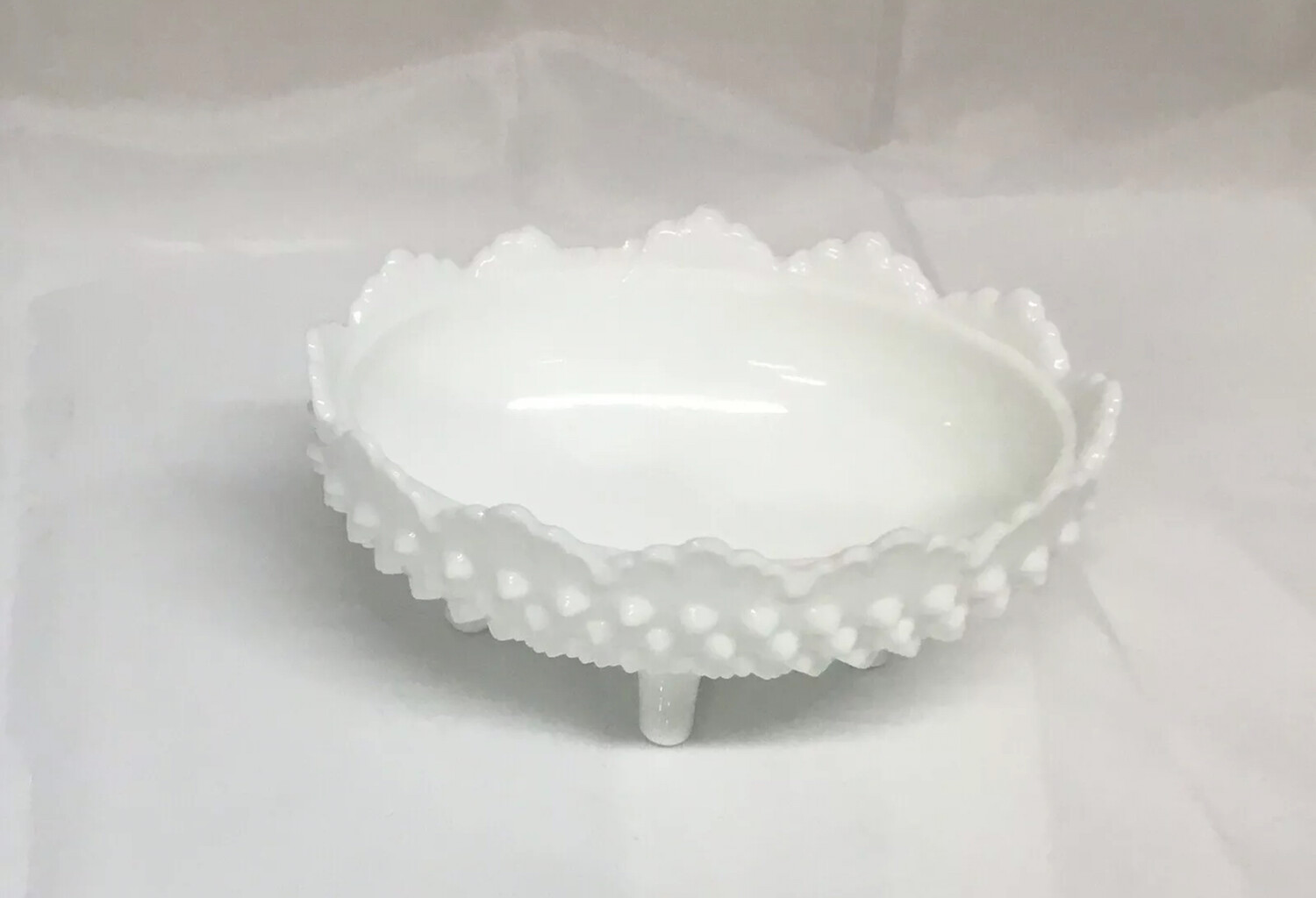 Oval Vintage Fenton Milk Glass Hobnail Footed Candy Soap Flowers MarkCrimped Top