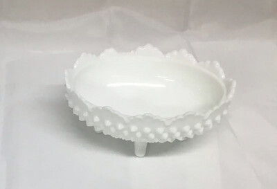 Oval Vintage Fenton Milk Glass Hobnail Footed Candy Soap Flowers MarkCrimped Top
