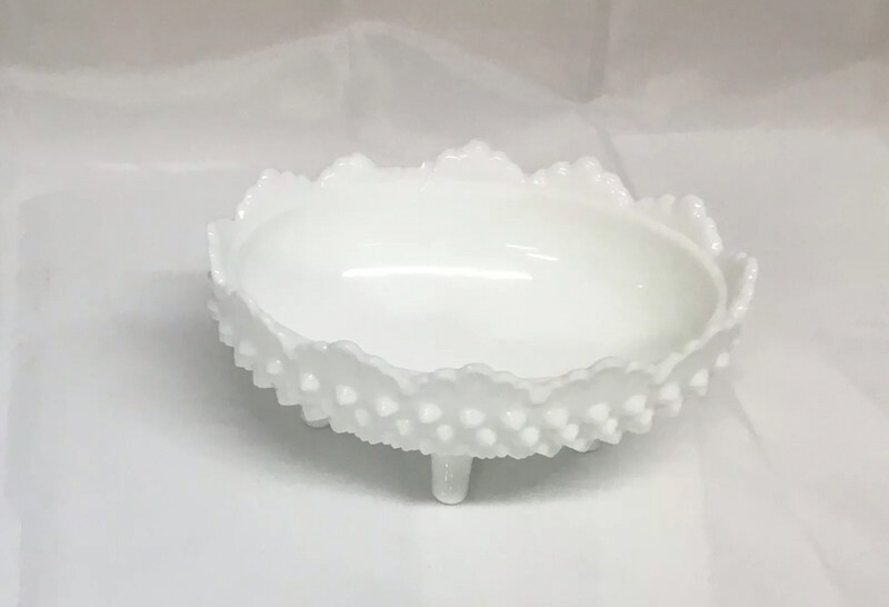 Oval Vintage Fenton Milk Glass Hobnail Footed Candy Soap Flowers MarkCrimped Top