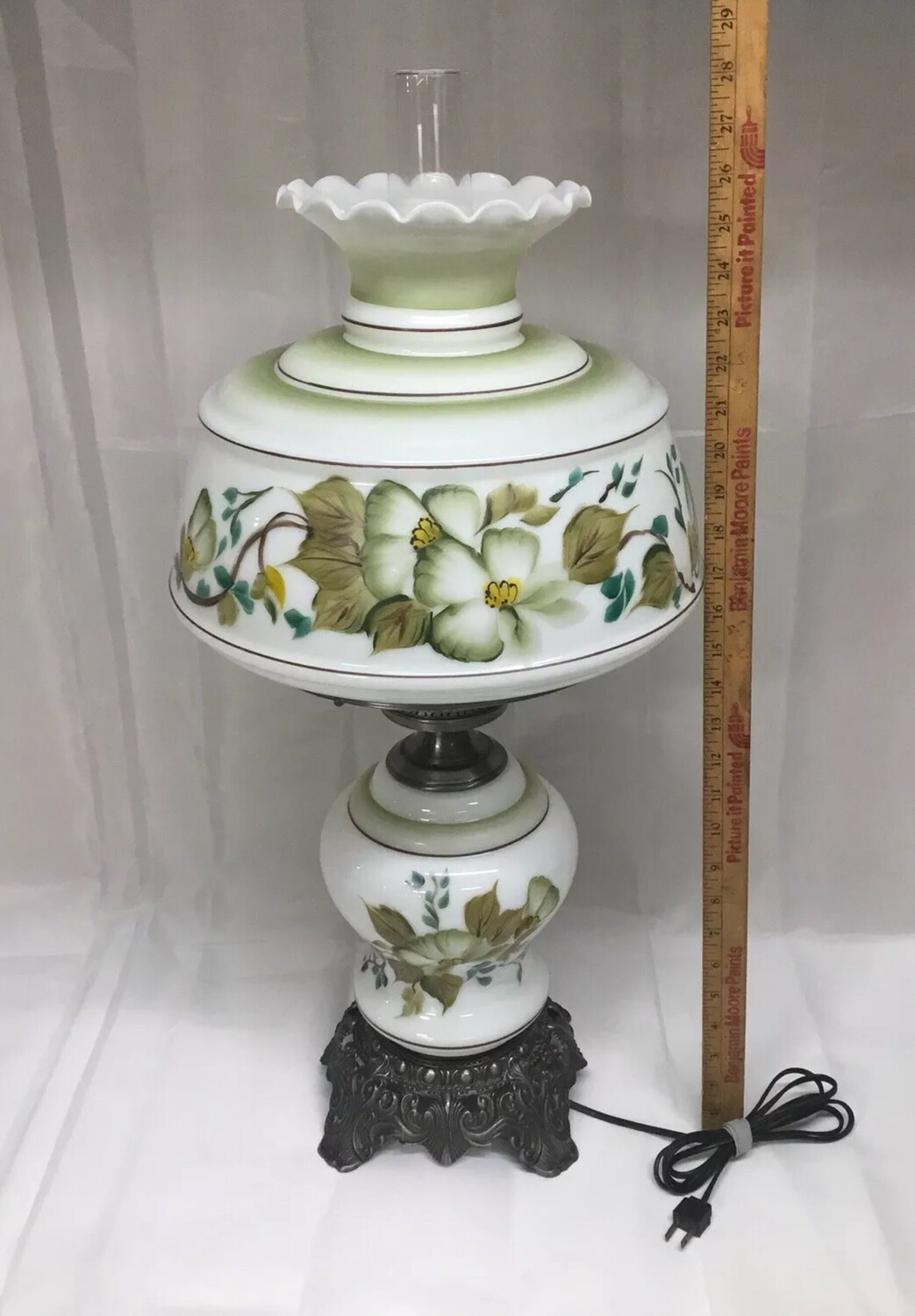 Vintage Quoizle Hurricane Lamp #1962 Hand Painted Green &amp; Brown Dogwood 28”