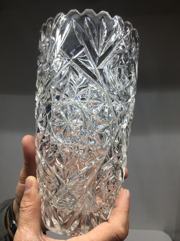 Vintage Heavy Crystal Glass Vase with Detailed Beauty  SEE VIDEO