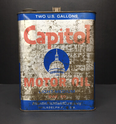 Vintage Capitol Motor Oil Can Light Medium Sae 20 Two U.S. Gallons Atlantic Richfield Company Philadelphia, USA