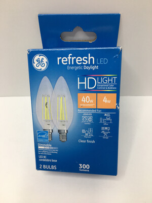 GE 40W Refresh Daylight Hd Equivalent Deco Bc Blunt Tip Candelabra Base LED Light Bulbs - 2Pack