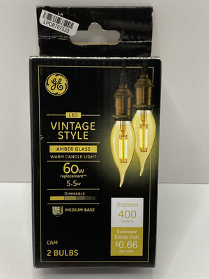 GE LED Vintage Style Amber Glass Warm Candle Light 60W Replacement 5.5w 2 Bulbs