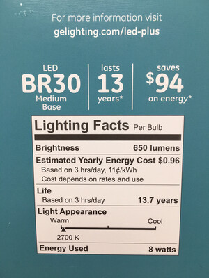 GE LED BR30 Bulb 65W Replacement Uses 8W Soft White With Battery Backup