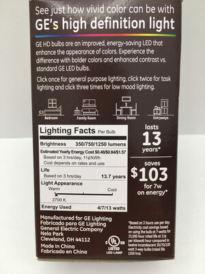 GE Relax LED HD Light A21 Soft White 3-Way 100w Replacement 13w Non-Dimmable 1 Bulb