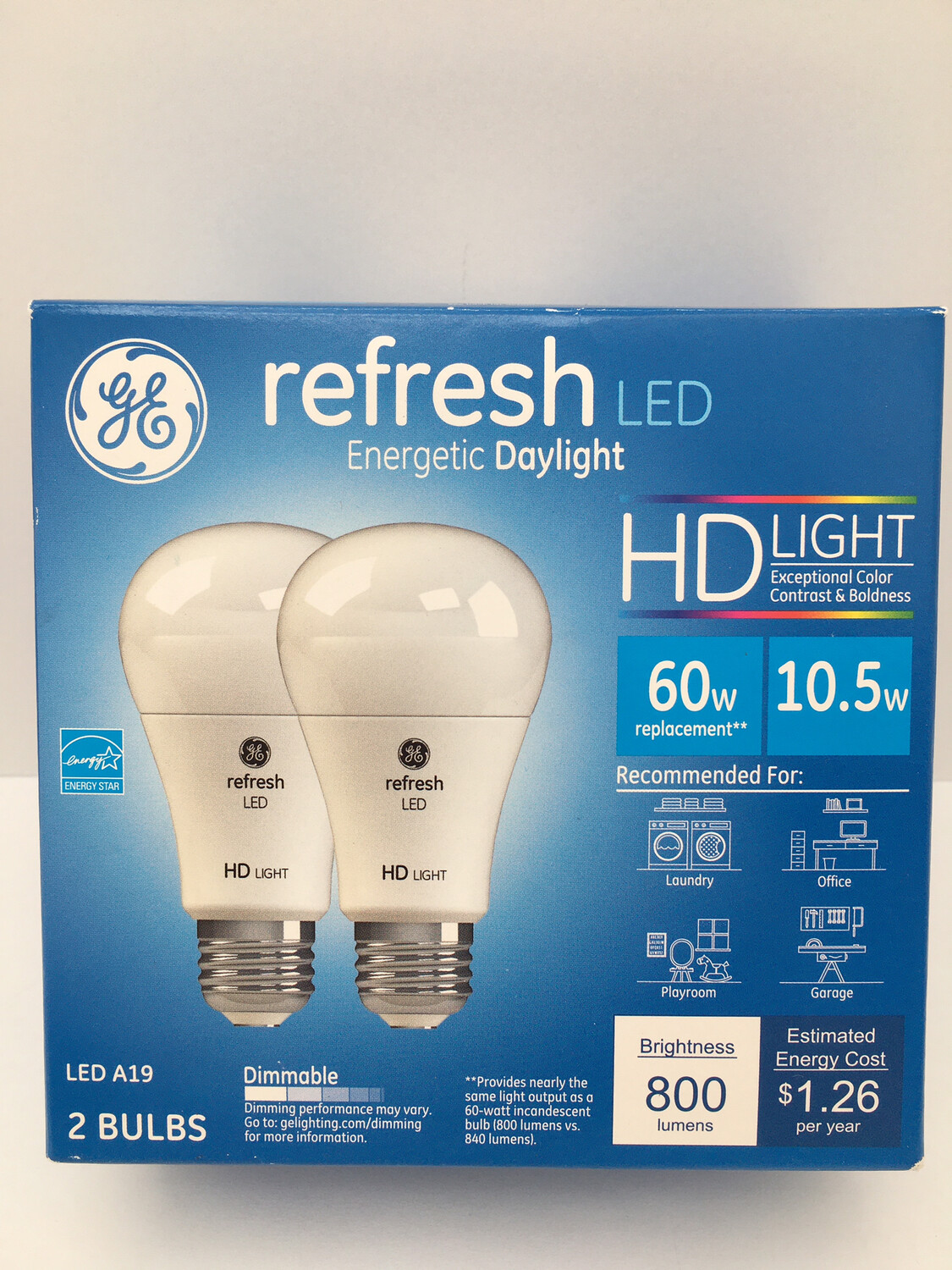 GE Refresh LED Energetic Daylight A19 Dimmable 60w Replacement 10.5w 800 Lumens 2 Bulbs