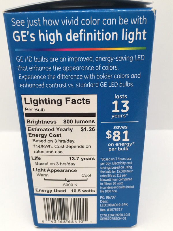 GE Refresh LED Energetic Daylight A19 Dimmable 60w Replacement 10.5w 800 Lumens 2 Bulbs