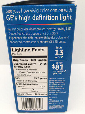 GE Refresh LED Energetic Daylight A19 Dimmable 60w Replacement 10.5w 800 Lumens 2 Bulbs