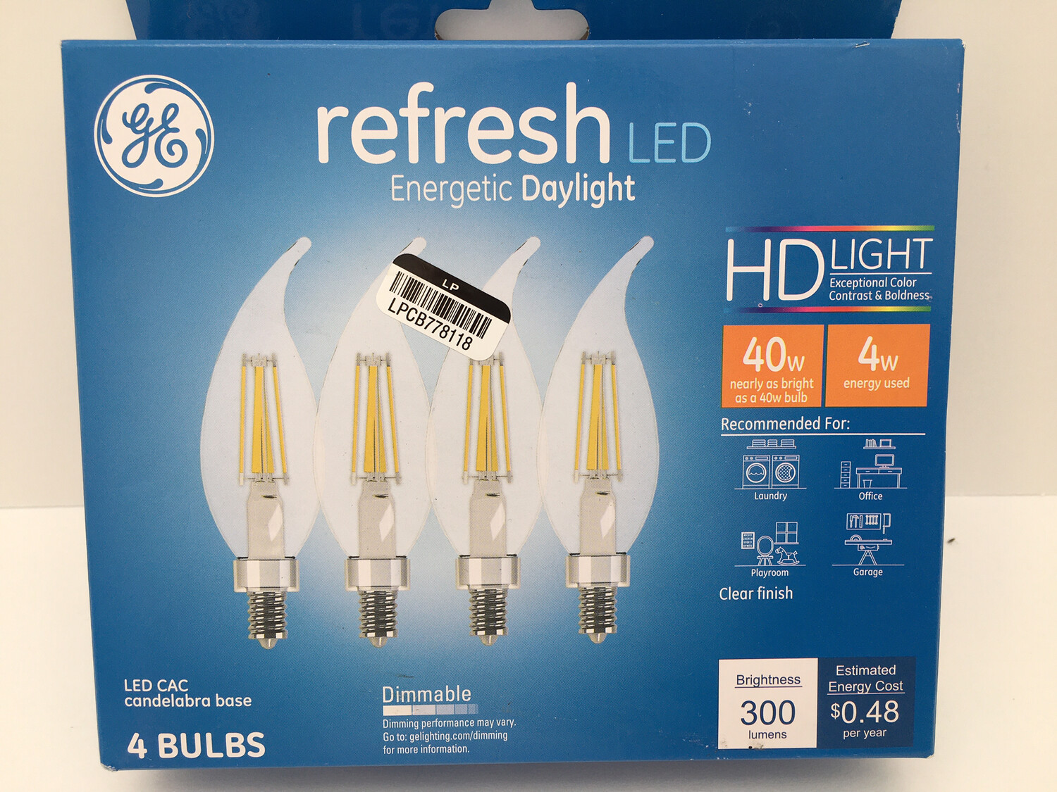 GE Lighting 45653 4 Watt E12 Cac Clear Daylight Led Dimmable Refresh Hd Light Bulbs 4 Count
