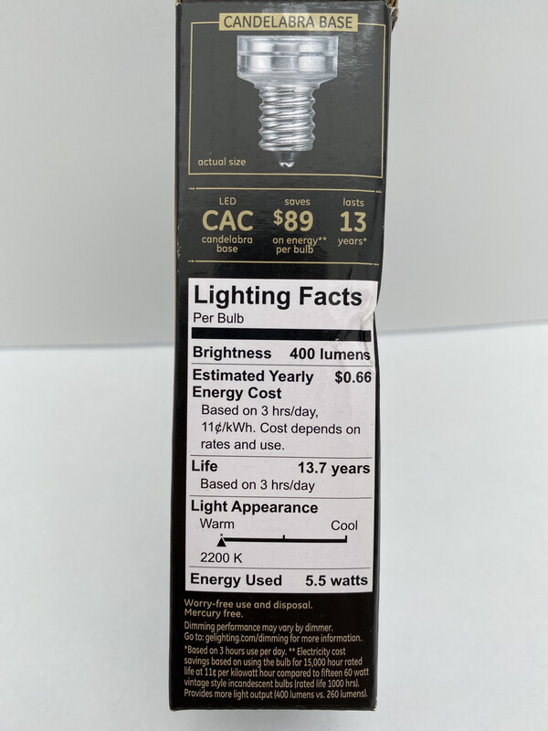 GE Lighting Vintage Amber Glass 60W Replacement LED Light Bulbs, Bent Tip, 2-Pack, Warm Candle, Dimmable Chandelier Light Bulbs, Candelabra Base