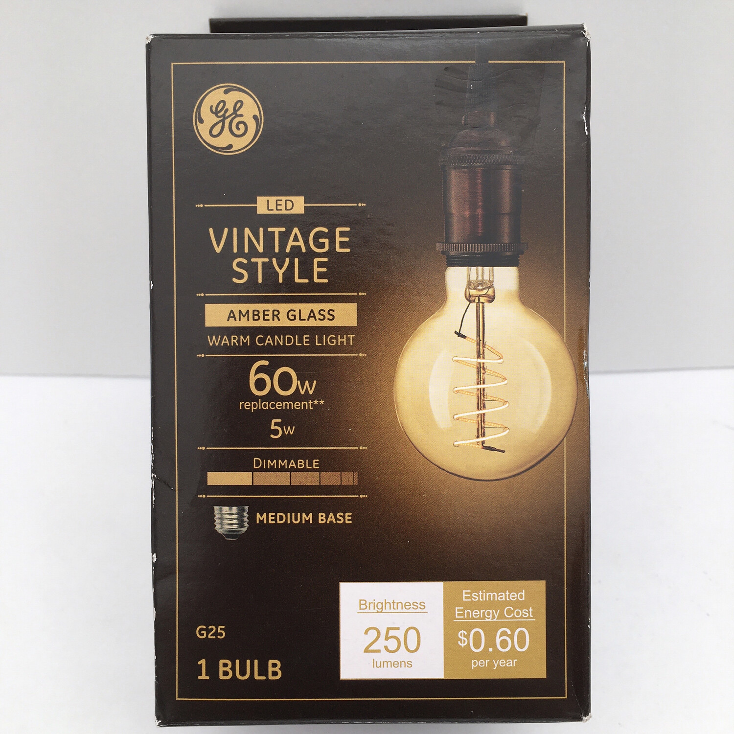 GE Lighting 36528 Amber Glass Light Bulb Vintage Style Dimmable LED Decorative G25 Globe 5 (60-Watt Replacement), 250-Lumen Medium Base, 1-Pack, Warm Candle