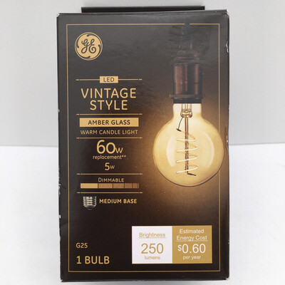 GE Lighting 36528 Amber Glass Light Bulb Vintage Style Dimmable LED Decorative G25 Globe 5 (60-Watt Replacement), 250-Lumen Medium Base, 1-Pack, Warm Candle
