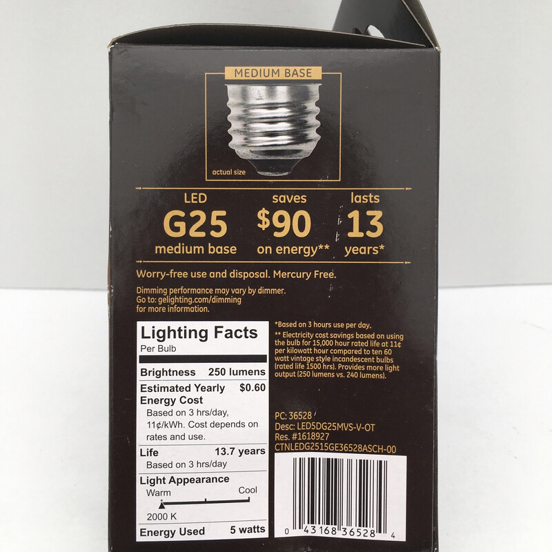 GE Lighting 36528 Amber Glass Light Bulb Vintage Style Dimmable LED Decorative G25 Globe 5 (60-Watt Replacement), 250-Lumen Medium Base, 1-Pack, Warm Candle