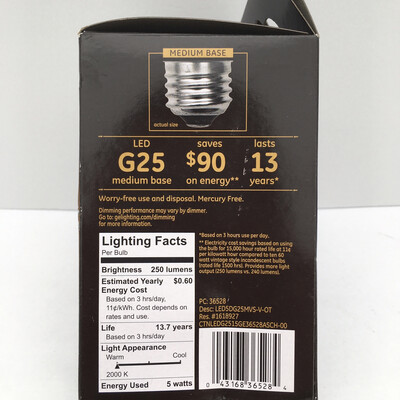 GE Lighting 36528 Amber Glass Light Bulb Vintage Style Dimmable LED Decorative G25 Globe 5 (60-Watt Replacement), 250-Lumen Medium Base, 1-Pack, Warm Candle
