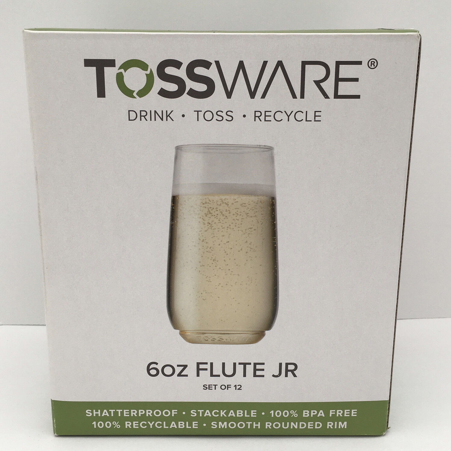 Tossware  Drink Toss Recycle 6oz Flute Jr Set Of 12 Plastic Champagne Glasses Clear