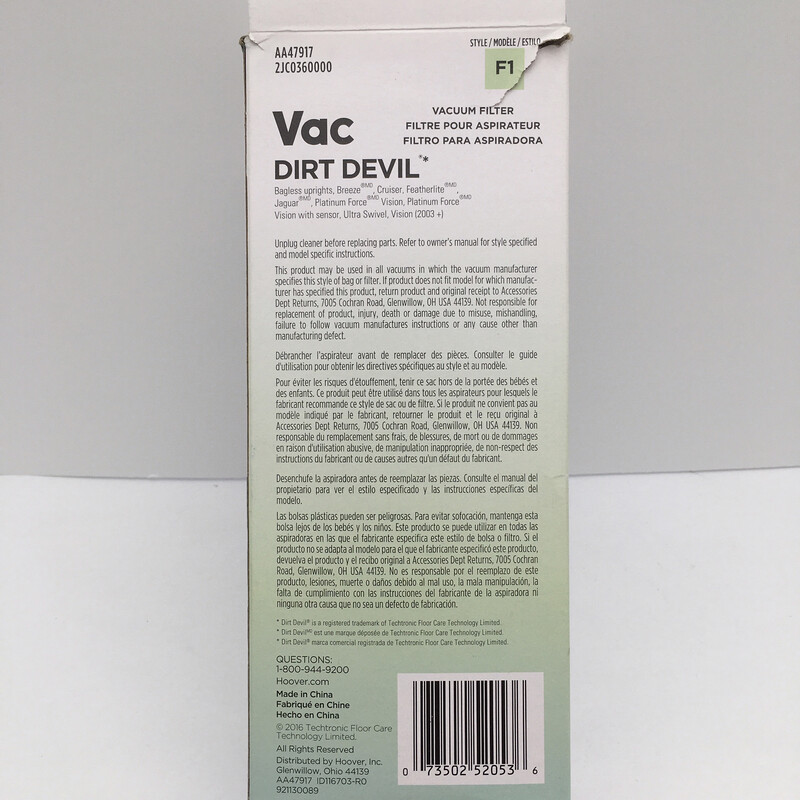 Vac Dirt Devil Type F1 Vacuum Cleaner Filter With HEPA Media For Bagless Uprights