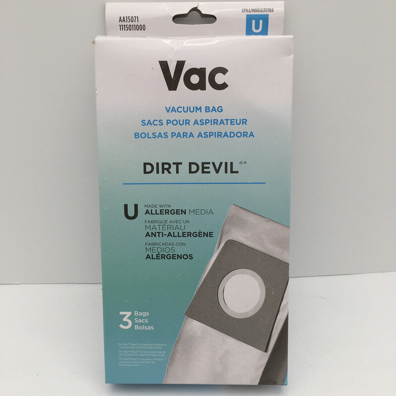 Dirt Devil Bags Type U with Allergen Media for Upright Vacuum Cleaners, AA15071, 3 Pack, White