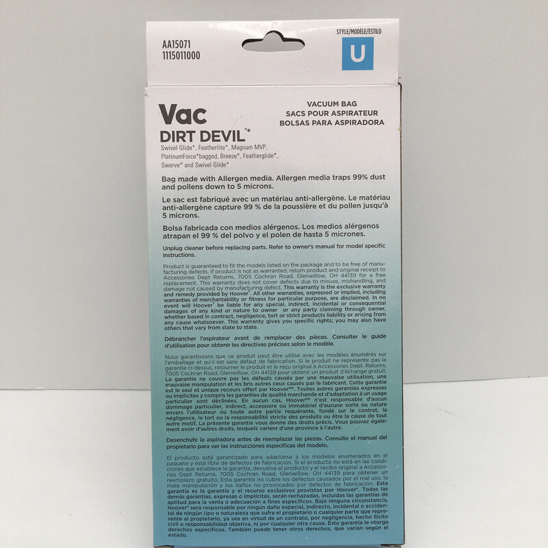 Dirt Devil Bags Type U with Allergen Media for Upright Vacuum Cleaners, AA15071, 3 Pack, White