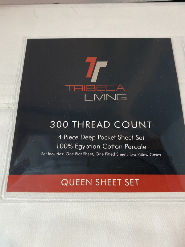 Tribeca Living Queen Sheet Set 300 Thread Count 4 Piece Deep Pocket Sheet Set 100% Egyptian Cotton Percale