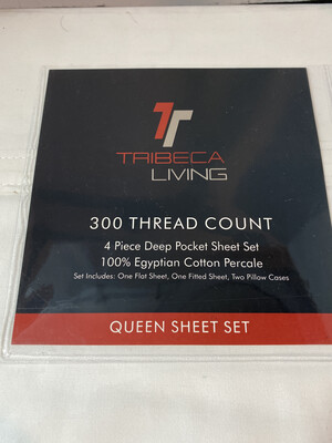 Tribeca Living Queen Sheet Set 300 Thread Count 4 Piece Deep Pocket Sheet Set 100% Egyptian Cotton Percale
