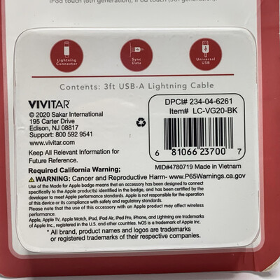 Vivitar USB-A Lightning Cable 3ft