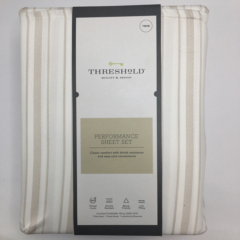 Twin 400 Thread Count Striped Performance Sheet Set White/Gray - Threshold