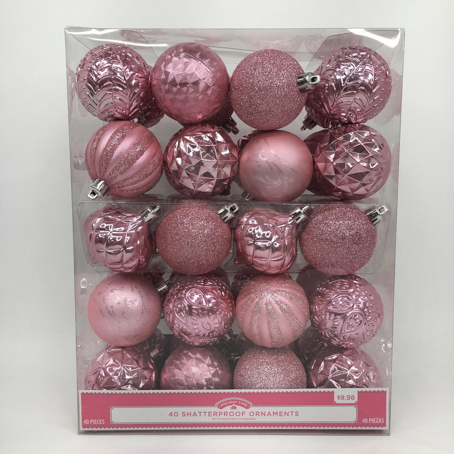 40 Shatterproof Ornaments Pink Glitter Christmas Tree Decorations Medium-Sized Bulbs Holiday Time