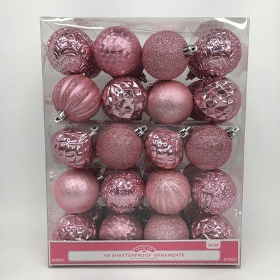 40 Shatterproof Ornaments Pink Glitter Christmas Tree Decorations Medium-Sized Bulbs Holiday Time