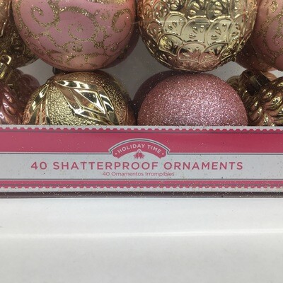 40 Shatterproof Ornaments Pink & Gold Glitter Christmas Tree Decorations Medium-Sized Bulbs Holiday Time