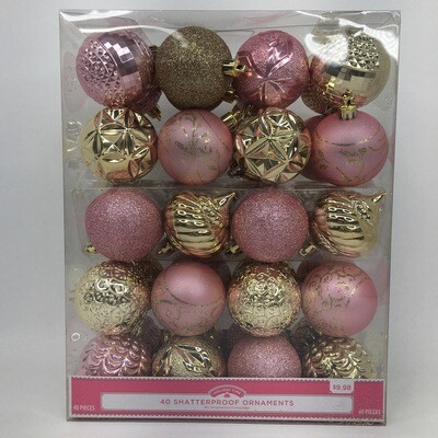 40 Shatterproof Ornaments Pink &amp; Gold Glitter Christmas Tree Decorations Medium-Sized Bulbs Holiday Time