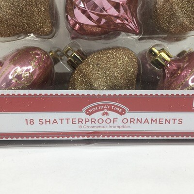18 Shatterproof Ornaments Pink & Gold Glitter Christmas Tree Decorations Medium-Sized Bulbs Holiday Time