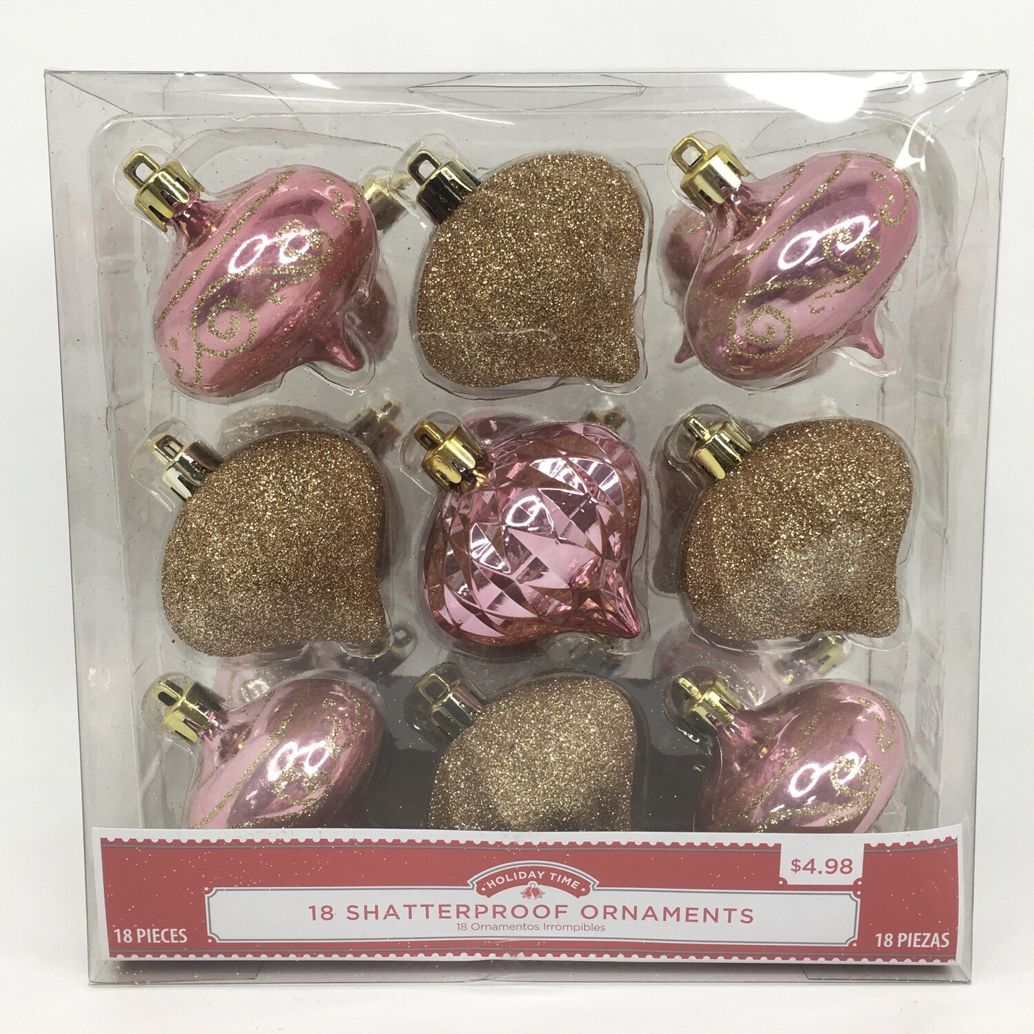 18 Shatterproof Ornaments Pink &amp; Gold Glitter Christmas Tree Decorations Medium-Sized Bulbs Holiday Time