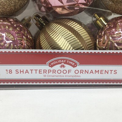 18 Shatterproof Ornaments Pink & Gold Glitter Christmas Tree Decorations Medium-Sized Bulbs Holiday Time