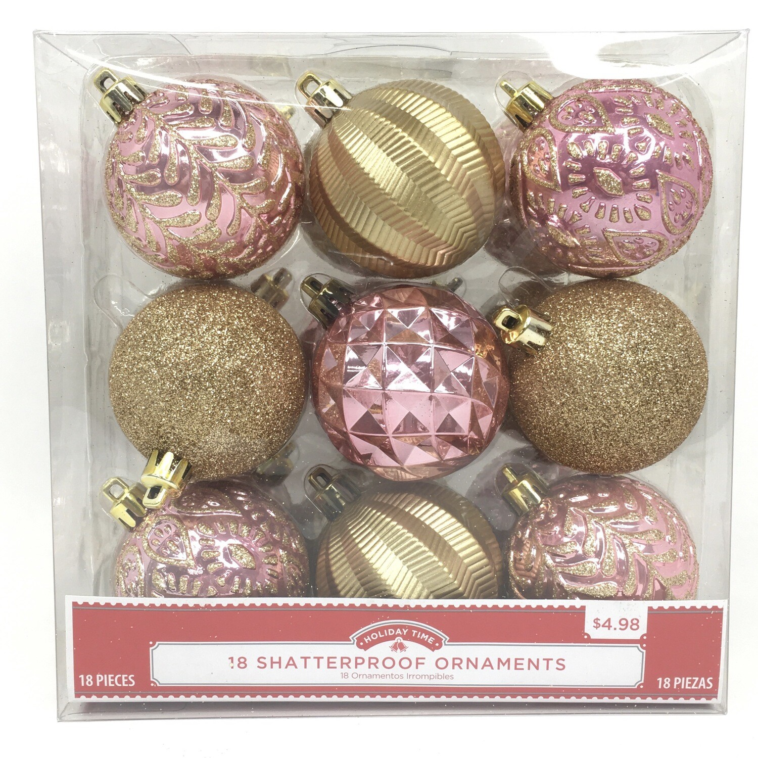 18 Shatterproof Ornaments Pink &amp; Gold Glitter Christmas Tree Decorations Medium-Sized Bulbs Holiday Time