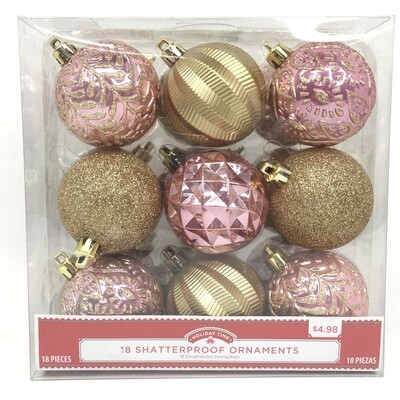 18 Shatterproof Ornaments Pink &amp; Gold Glitter Christmas Tree Decorations Medium-Sized Bulbs Holiday Time