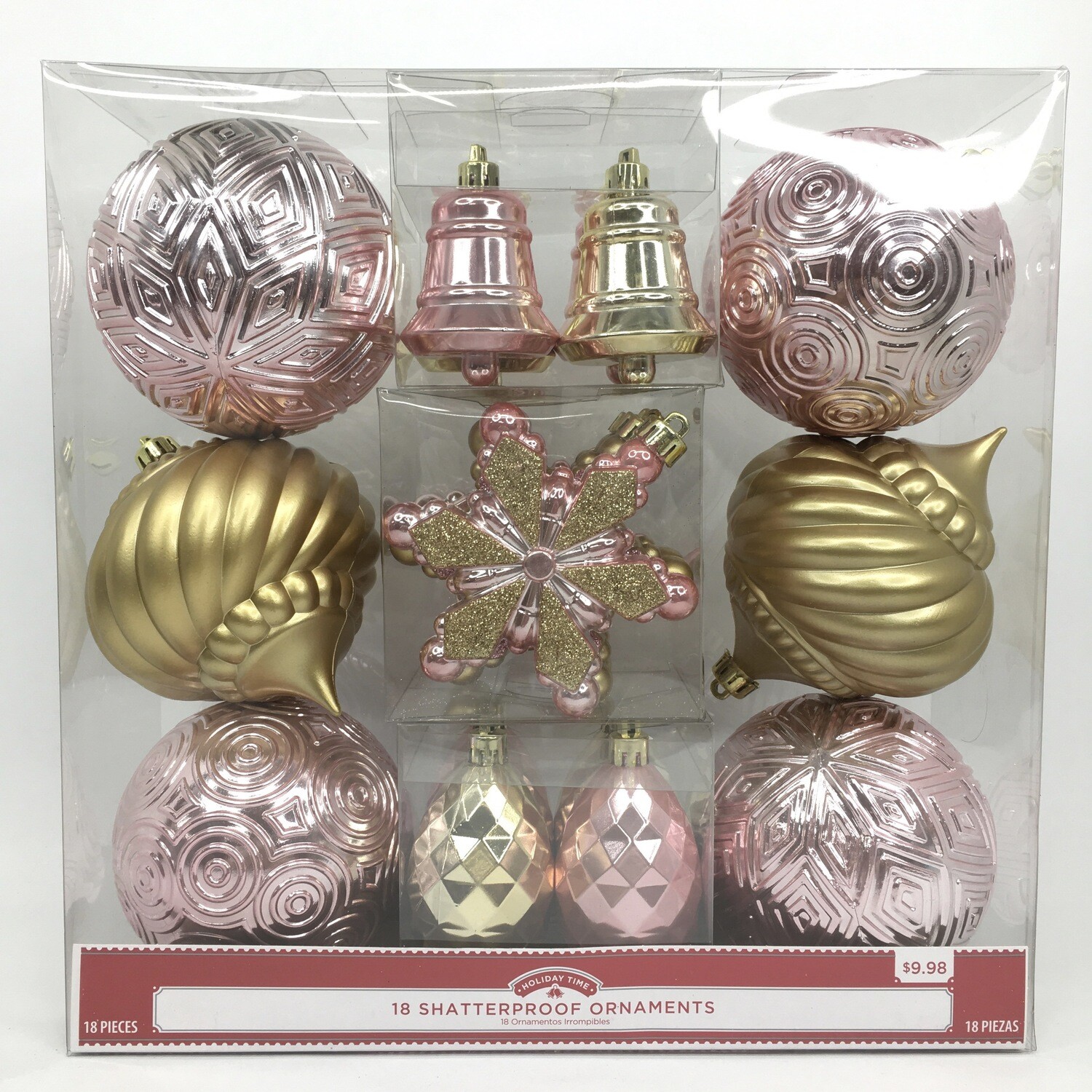 18 Shatterproof Ornaments Pink &amp; Gold Glitter Christmas Tree Decorations Large &amp; Small Holiday Time