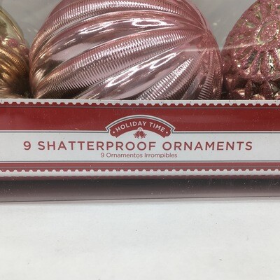 9 Shatterproof Ornaments Pink & Gold Glitter Christmas Tree Decorations Large Bulbs Holiday Time