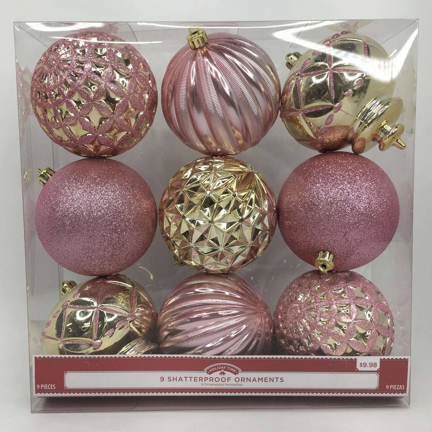 9 Shatterproof Ornaments Pink &amp; Gold Glitter Christmas Tree Decorations Large Bulbs Holiday Time