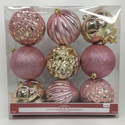 9 Shatterproof Ornaments Pink &amp; Gold Glitter Christmas Tree Decorations Large Bulbs Holiday Time