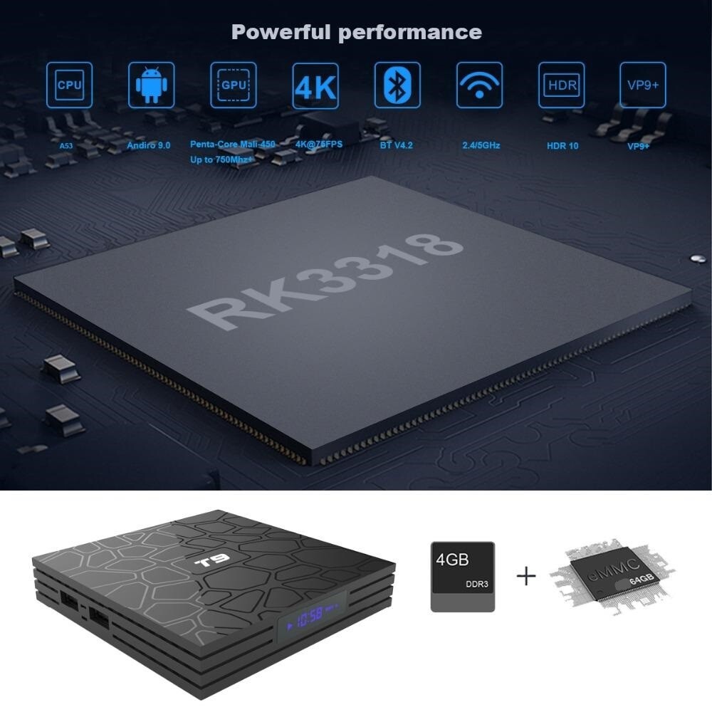 TV Box T9 (4 GB RAM &amp; 64 GB ROM) Quad Core RK3318 4K HD (Android 9.0)