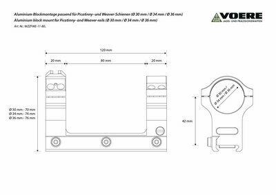 Bloque de montaje táctico para carriles Picatinny- / Weaver (eje de altura 42 mm)